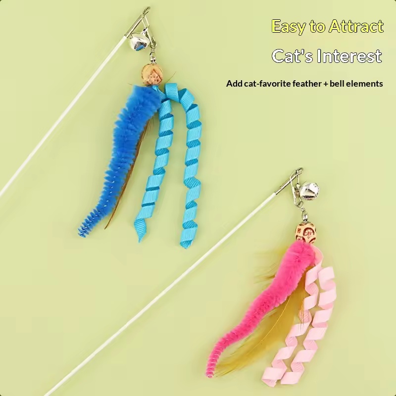 New Indoor Cat Toy Rainbow Strip Boredom-Busting Interactive Colorful Feather Bell Teaser Wand Model Zero